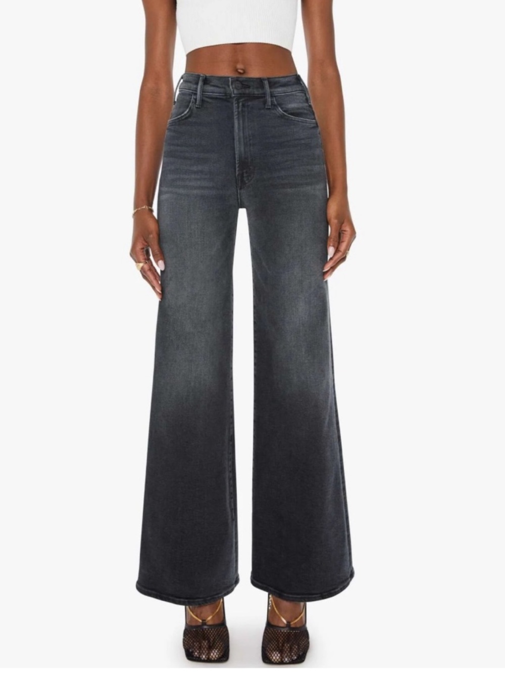 MOTHER The Hustler Roller Sneak In Not Today Satan 30 Wide Leg HR Jeans Black